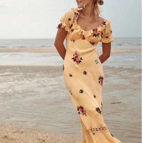 Free People Floral Embroidered Puff Sleeve Maxi Dress Yellow Size M NWT - Picture 2 of 7